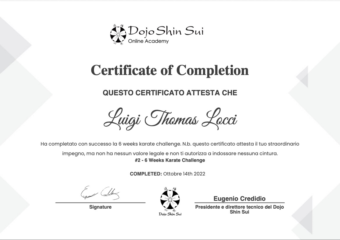 Certificato di completamento accademia online karate dojo shin sui
